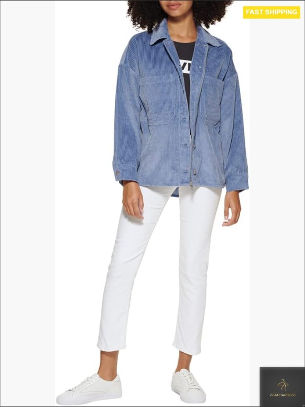 Relaxed Fit Corduroy Shirt Jacket with Zipper and Button Placket Oversized